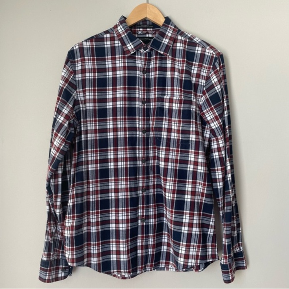 BANANA REPUBLIC Untucked Fit Plaid Flannel Shirt Burgundy Navy Size M